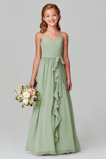 Sage Green Spaghetti Straps A-Line Chiffon Long Junior Bridesmaid Dress